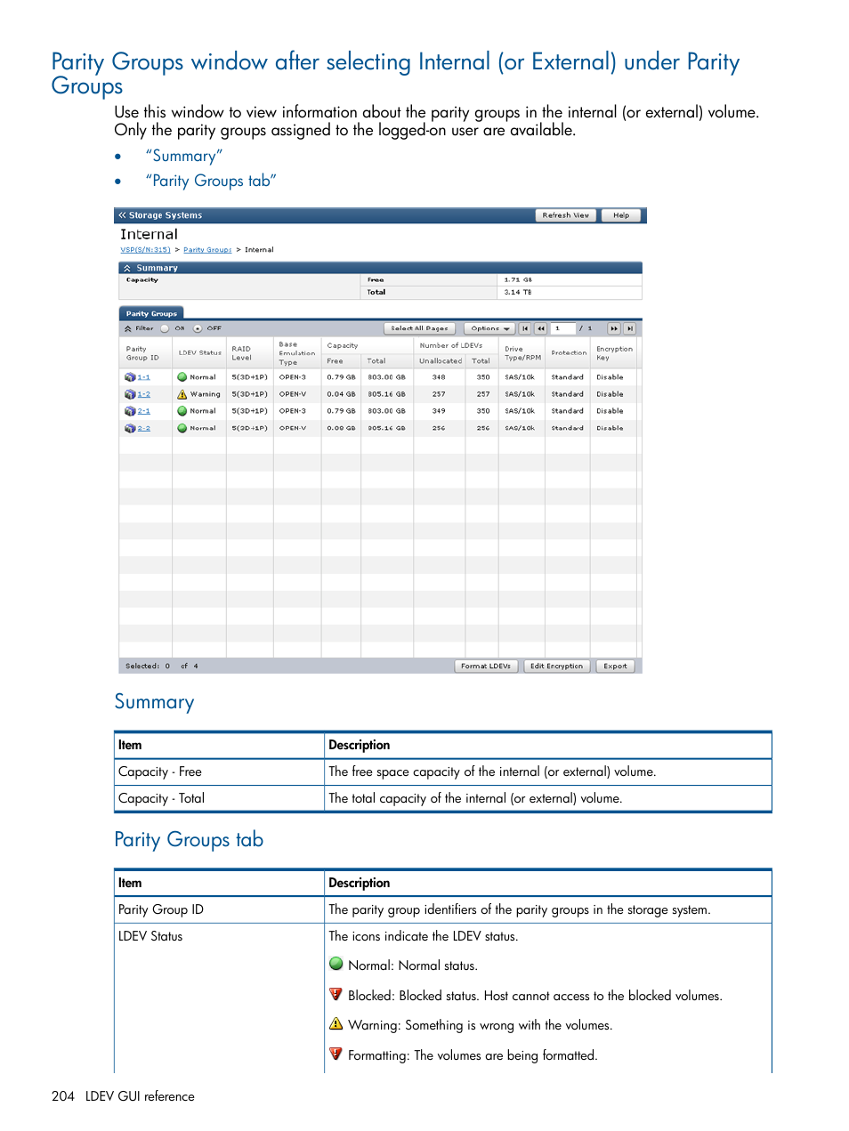 Summary, Parity groups tab | HP XP P9500 Storage User Manual | Page 204 / 367