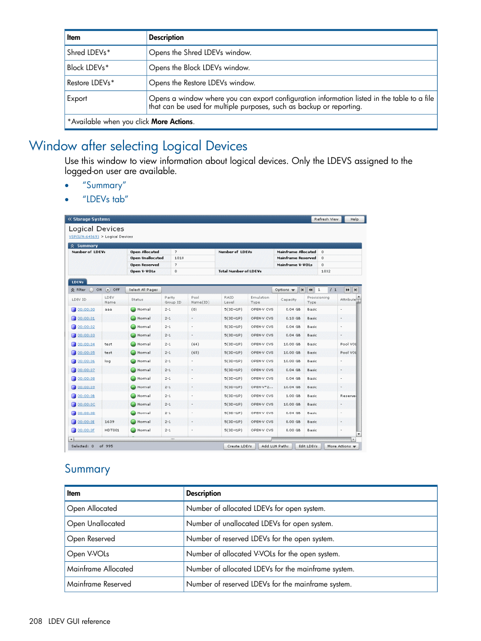 Window after selecting logical devices, Summary | HP XP P9500 Storage User Manual | Page 208 / 367