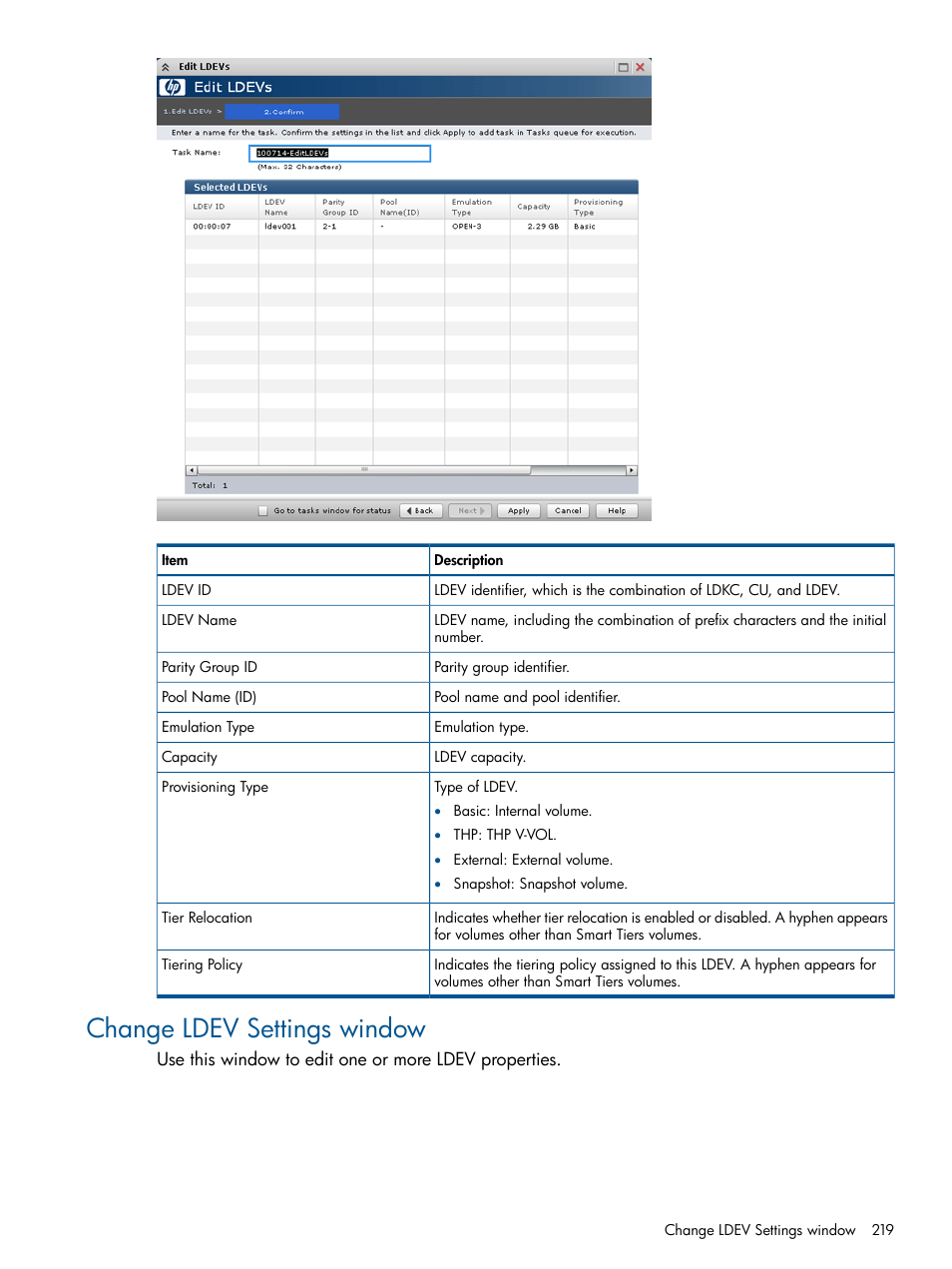 Change ldev settings window | HP XP P9500 Storage User Manual | Page 219 / 367
