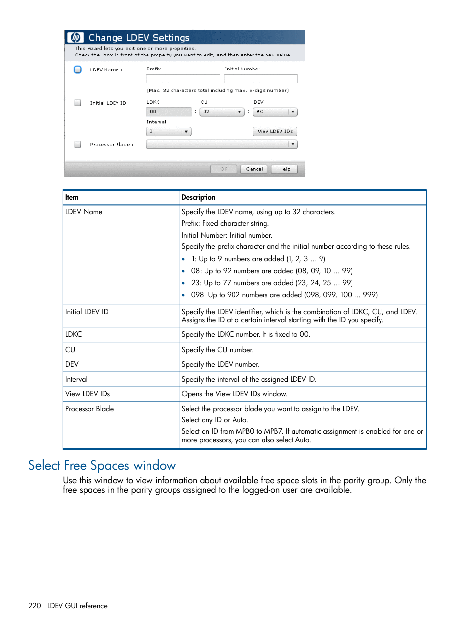 Select free spaces window | HP XP P9500 Storage User Manual | Page 220 / 367