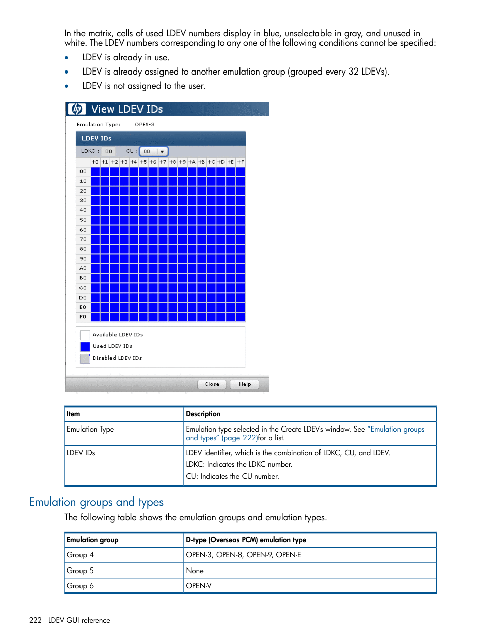 Emulation groups and types | HP XP P9500 Storage User Manual | Page 222 / 367