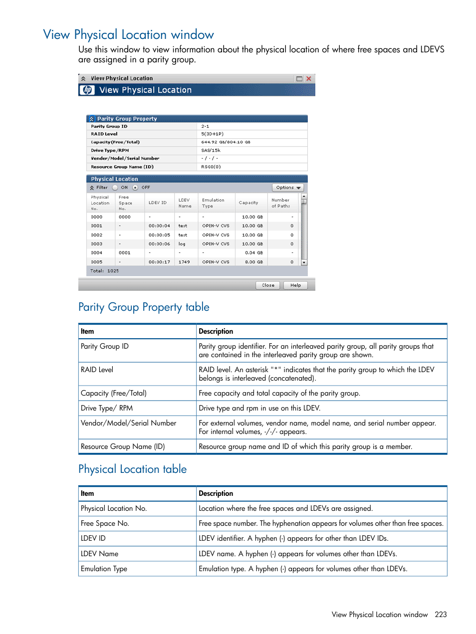 View physical location window, Parity group property table, Physical location table | HP XP P9500 Storage User Manual | Page 223 / 367