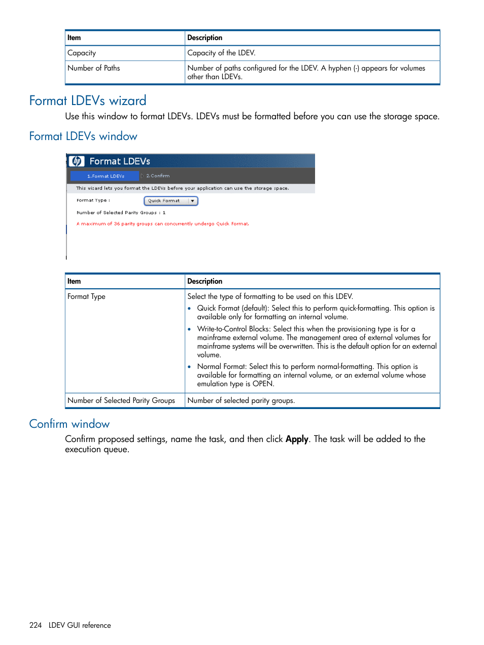 Format ldevs wizard, Format ldevs window, Confirm window | Format ldevs window confirm window | HP XP P9500 Storage User Manual | Page 224 / 367