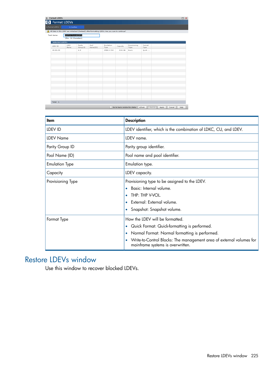 Restore ldevs window | HP XP P9500 Storage User Manual | Page 225 / 367