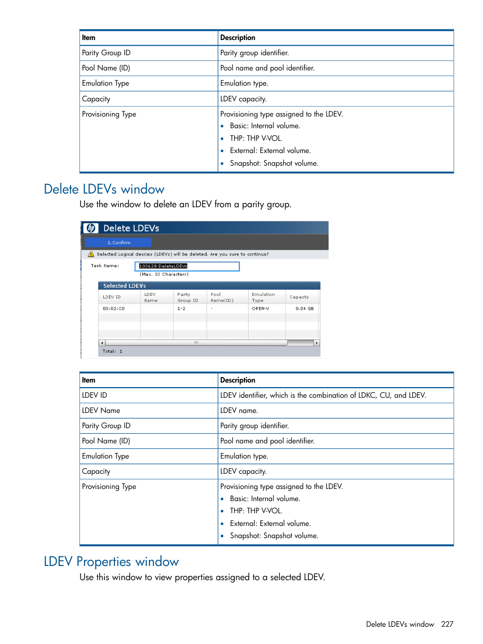 Delete ldevs window, Ldev properties window, Delete ldevs window ldev properties window | HP XP P9500 Storage User Manual | Page 227 / 367