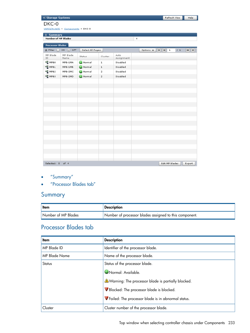 Summary, Processor blades tab | HP XP P9500 Storage User Manual | Page 233 / 367