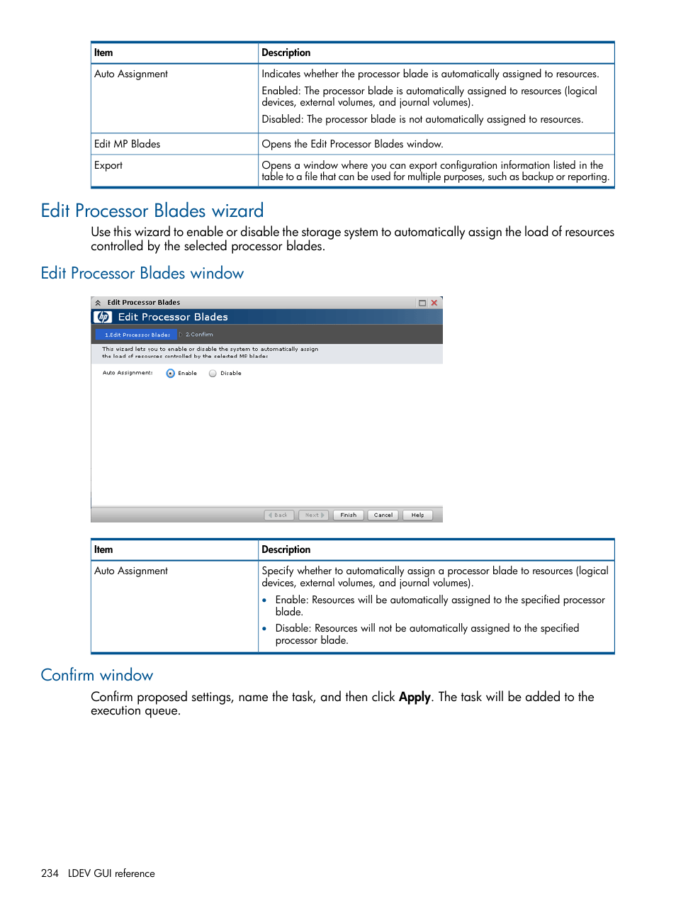 Edit processor blades wizard, Edit processor blades window, Confirm window | Edit processor blades window confirm window | HP XP P9500 Storage User Manual | Page 234 / 367