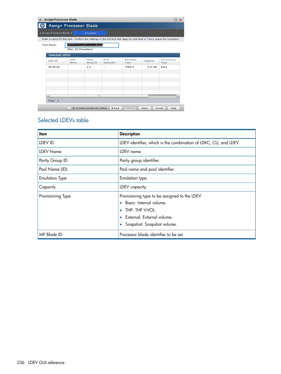 Selected ldevs table | HP XP P9500 Storage User Manual | Page 236 / 367