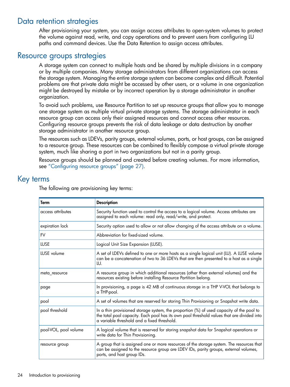 Data retention strategies, Resource groups strategies, Key terms | HP XP P9500 Storage User Manual | Page 24 / 367