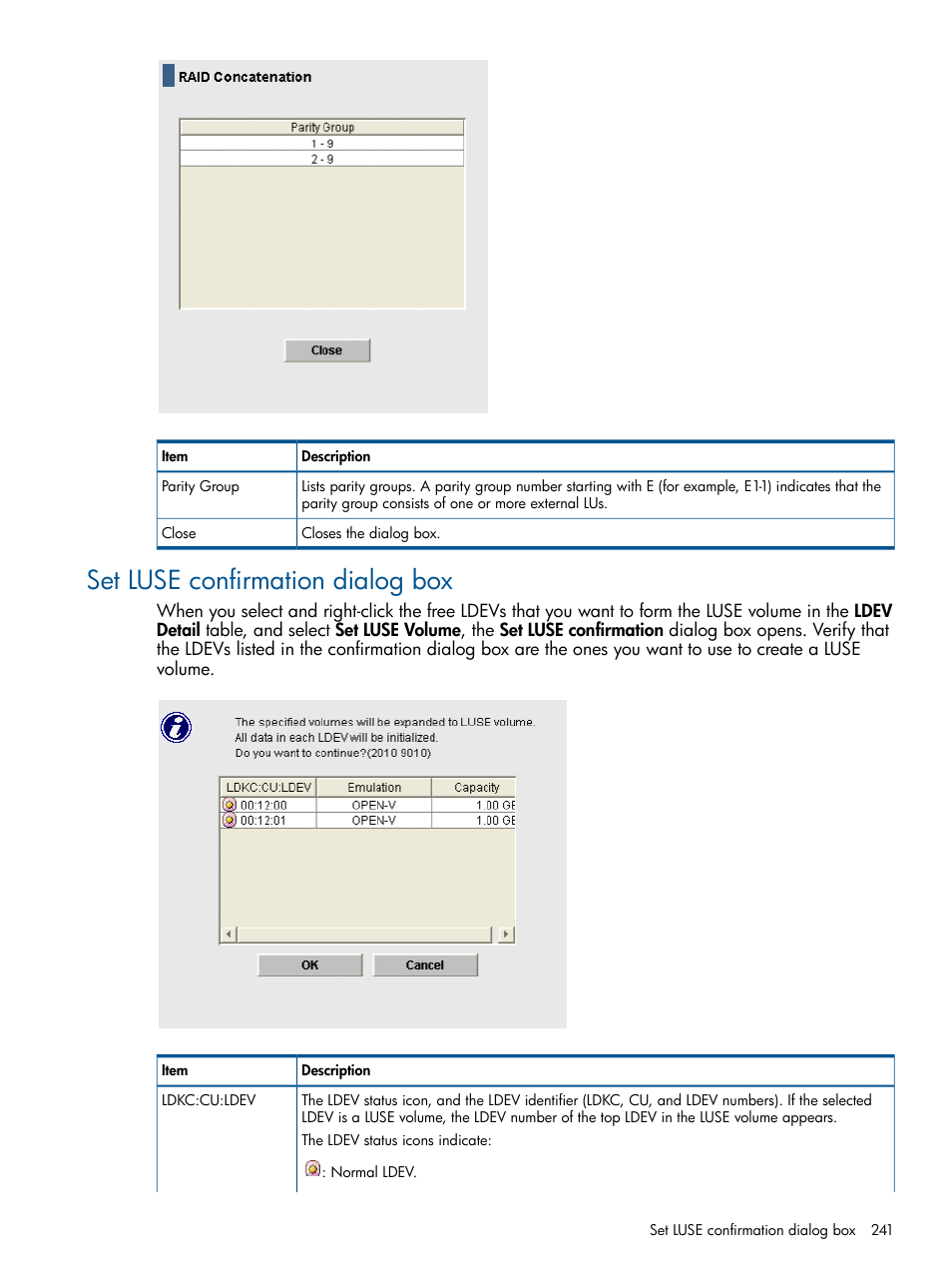 Set luse confirmation dialog box | HP XP P9500 Storage User Manual | Page 241 / 367