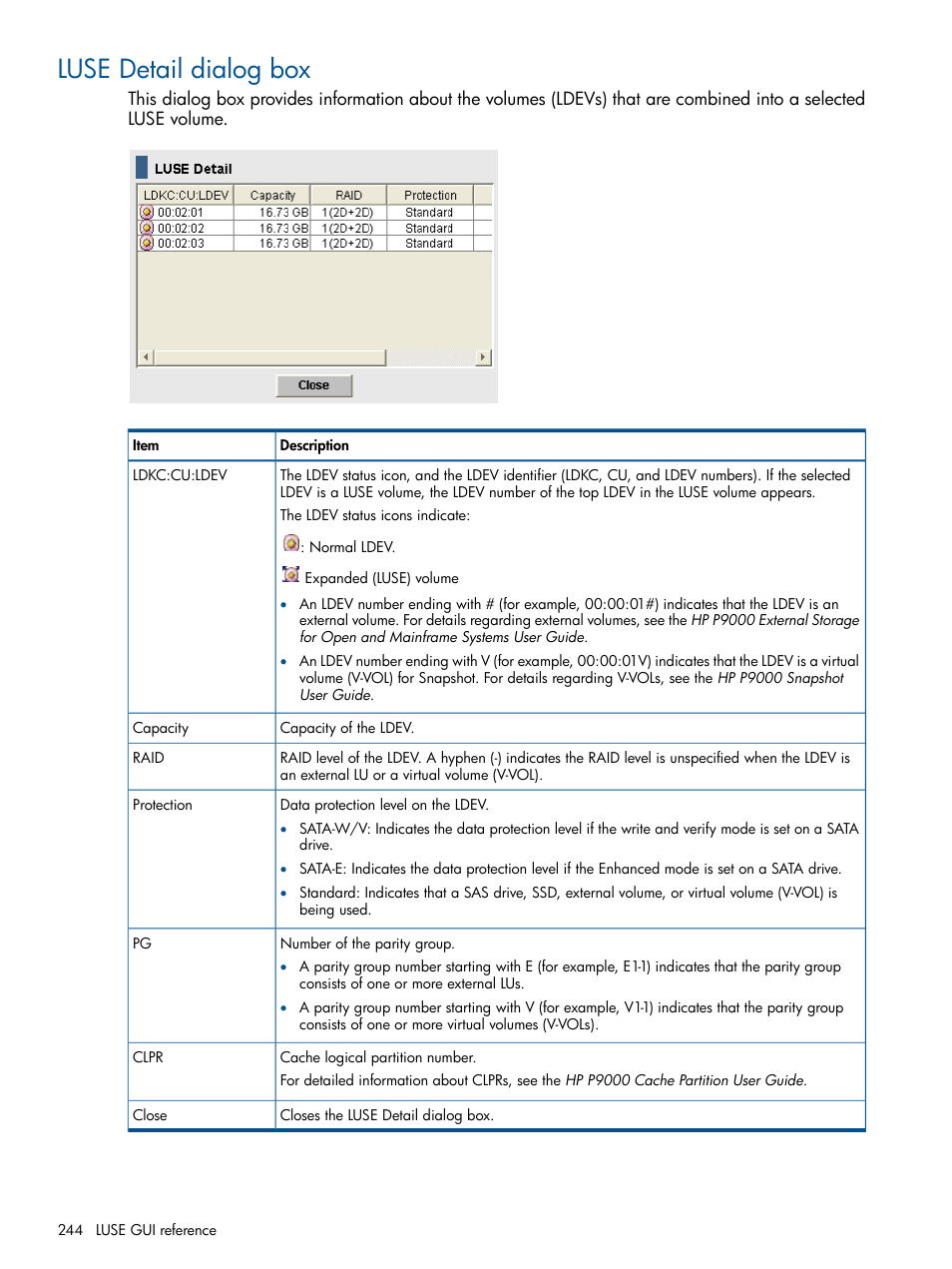 Luse detail dialog box | HP XP P9500 Storage User Manual | Page 244 / 367