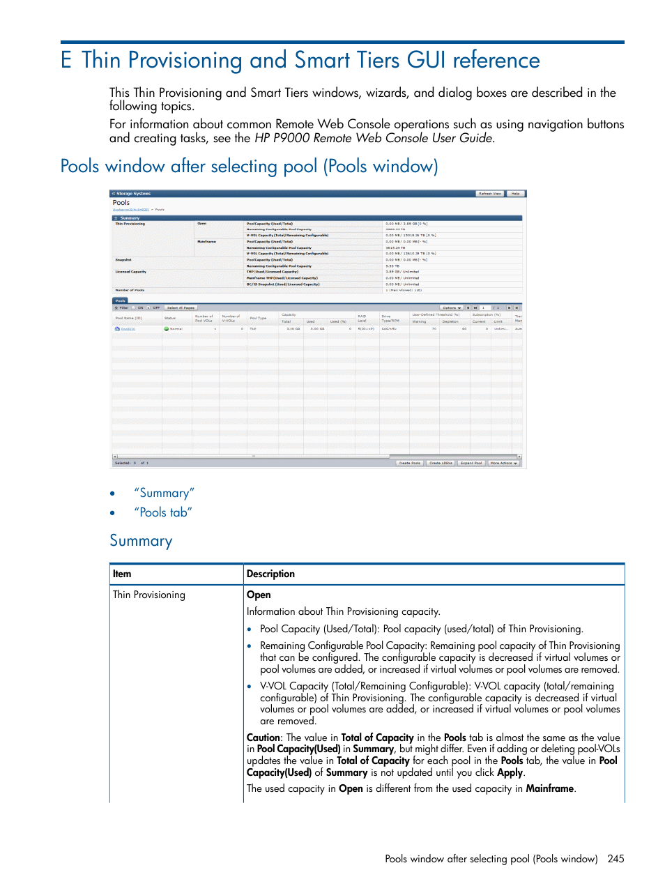 E thin provisioning and smart tiers gui reference, Pools window after selecting pool (pools window), Pools window after selecting pool | Summary | HP XP P9500 Storage User Manual | Page 245 / 367