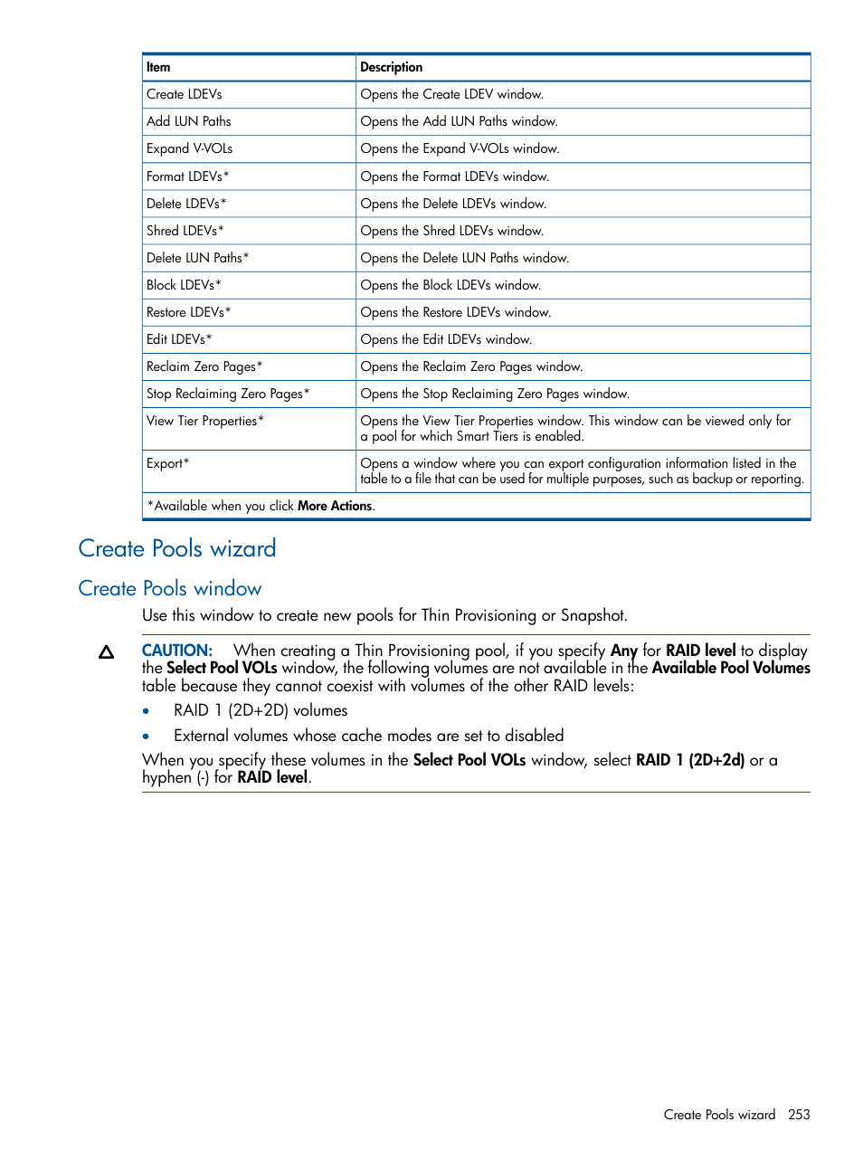 Create pools wizard, Create pools window | HP XP P9500 Storage User Manual | Page 253 / 367