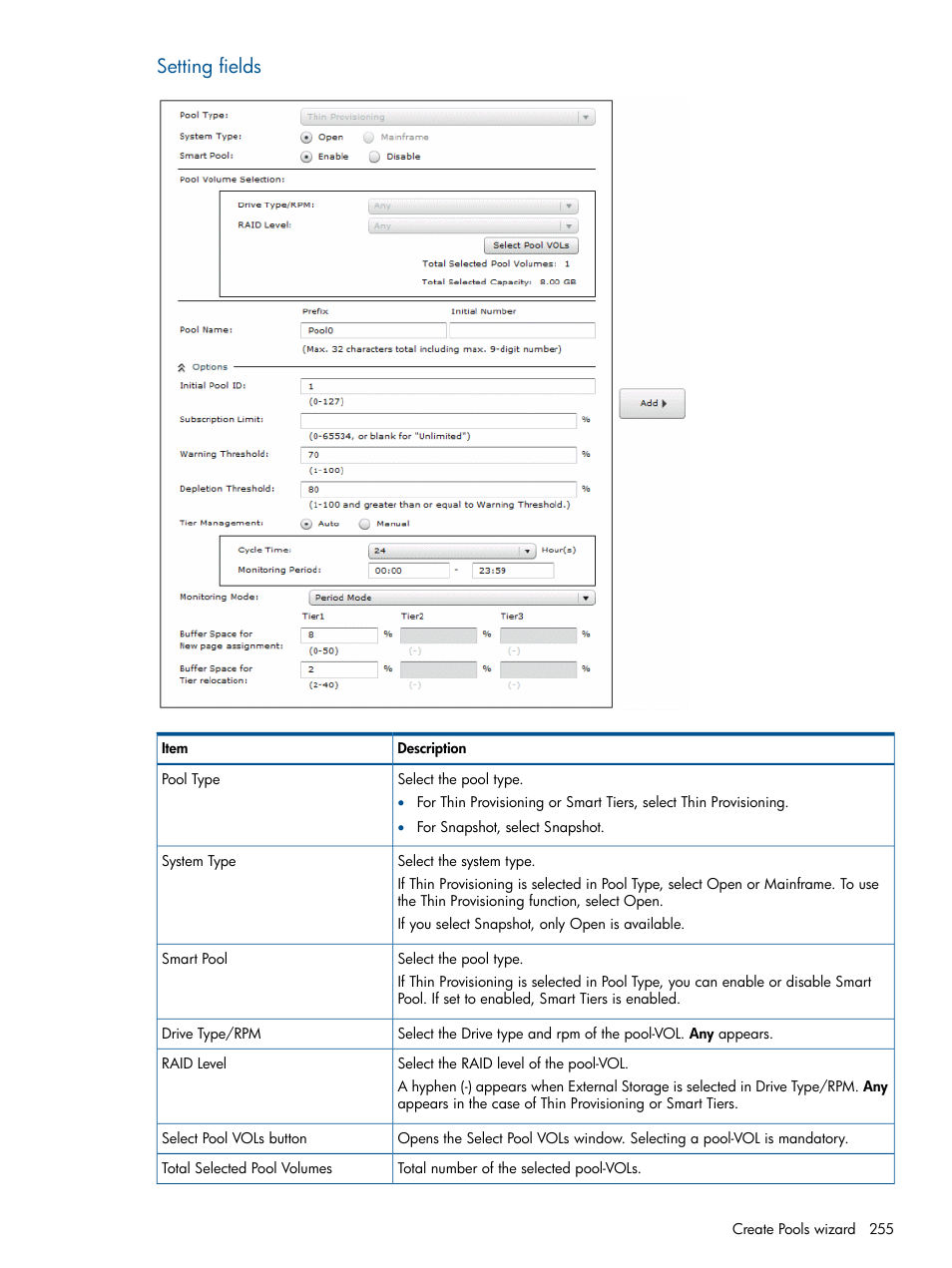 Setting fields | HP XP P9500 Storage User Manual | Page 255 / 367