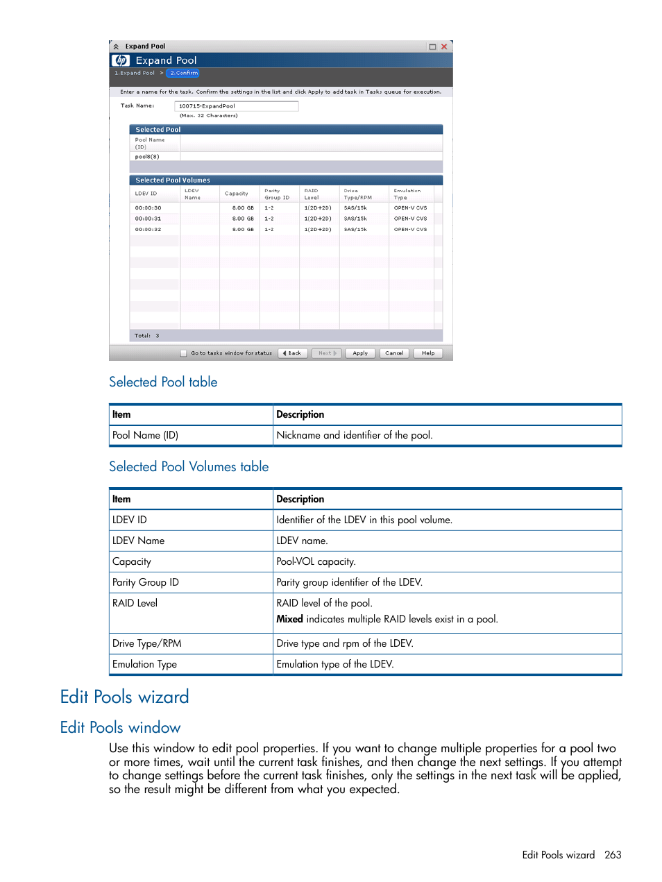 Edit pools wizard, Edit pools window, Selected pool table | Selected pool volumes table | HP XP P9500 Storage User Manual | Page 263 / 367