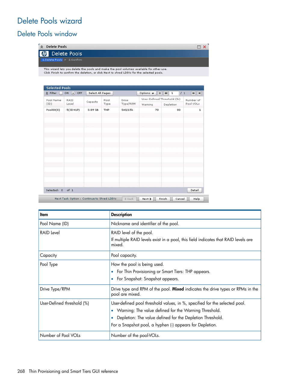 Delete pools wizard, Delete pools window | HP XP P9500 Storage User Manual | Page 268 / 367