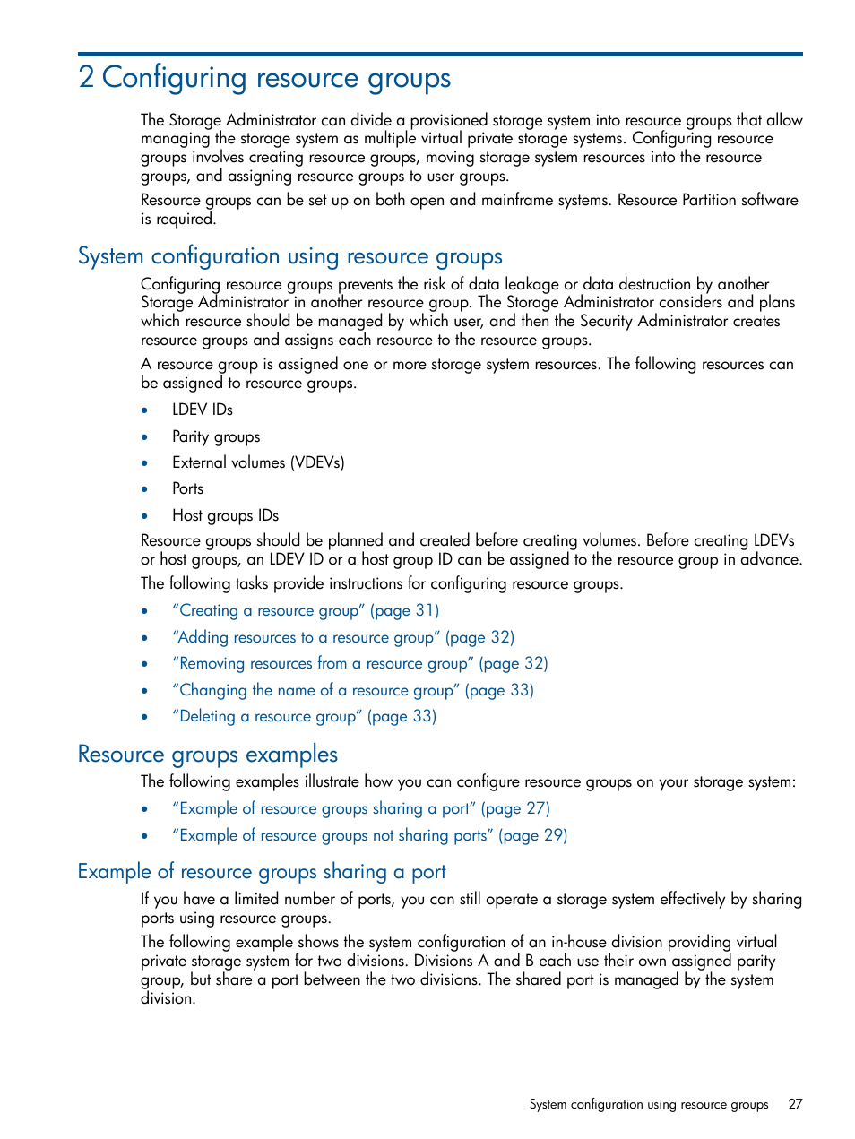 2 configuring resource groups, System configuration using resource groups, Resource groups examples | Example of resource groups sharing a port | HP XP P9500 Storage User Manual | Page 27 / 367