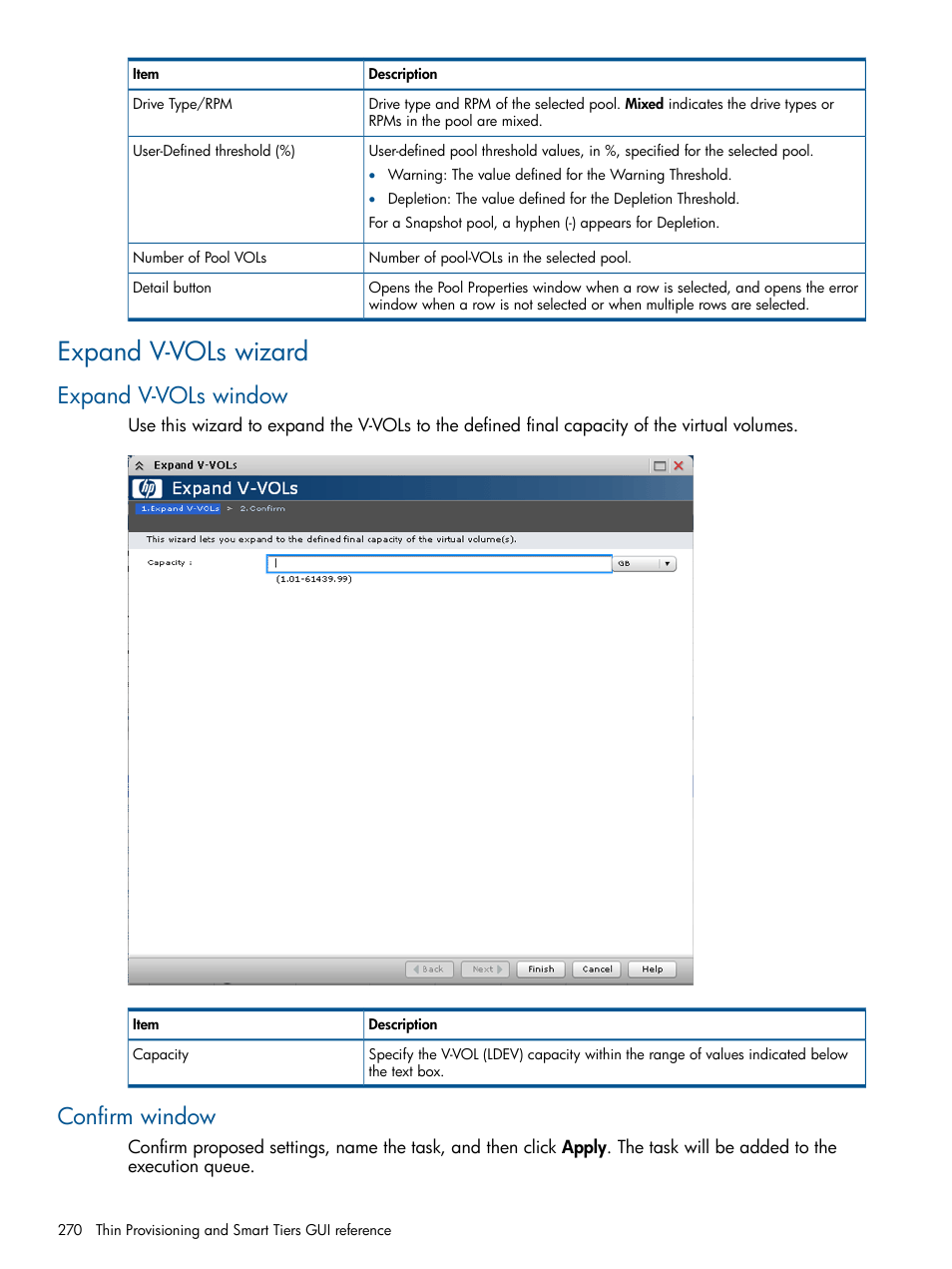 Expand v-vols wizard, Expand v-vols window, Confirm window | Expand v-vols window confirm window | HP XP P9500 Storage User Manual | Page 270 / 367