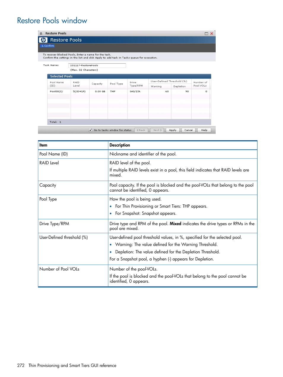 Restore pools window | HP XP P9500 Storage User Manual | Page 272 / 367