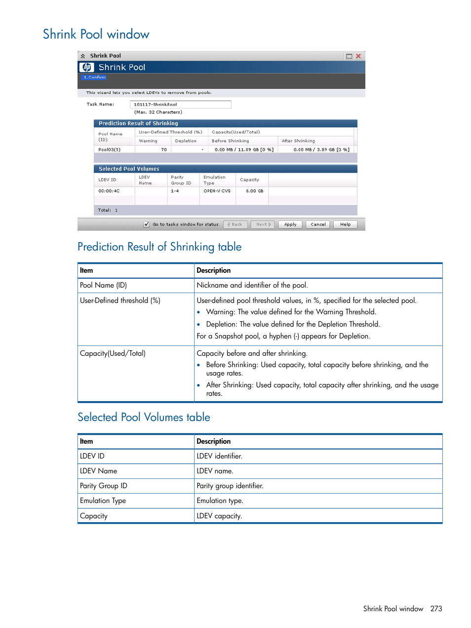 Shrink pool window, Prediction result of shrinking table, Selected pool volumes table | HP XP P9500 Storage User Manual | Page 273 / 367