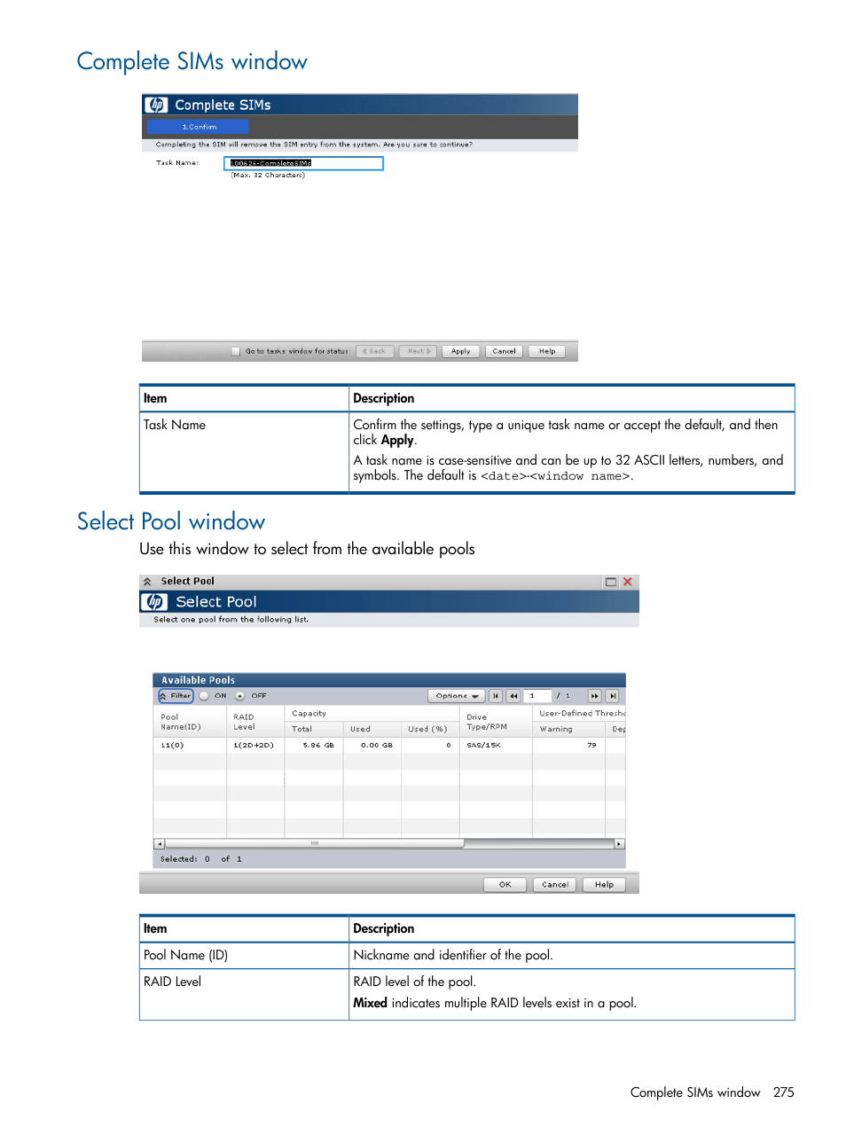 Complete sims window, Select pool window, Complete sims window select pool window | HP XP P9500 Storage User Manual | Page 275 / 367