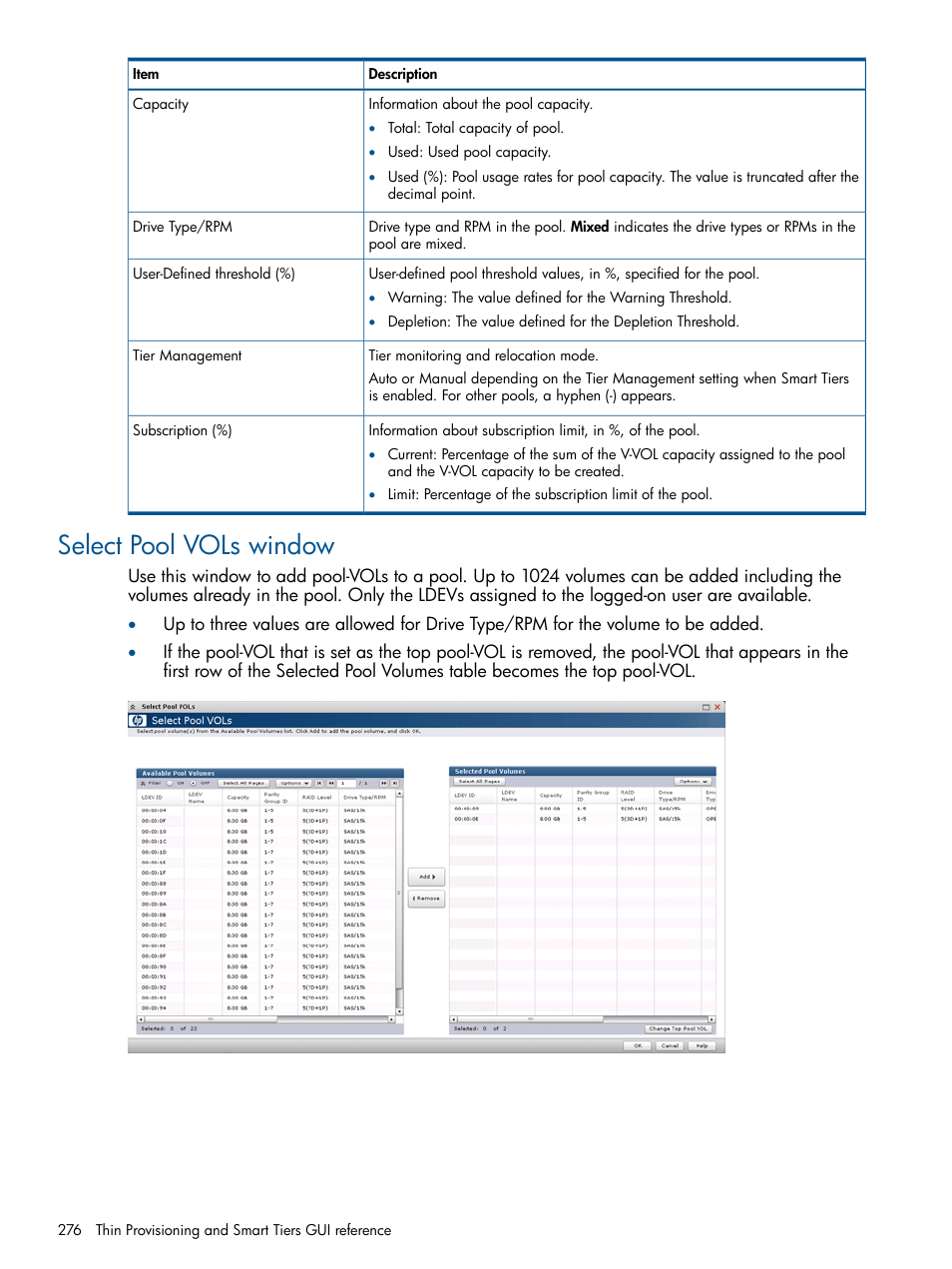 Select pool vols window | HP XP P9500 Storage User Manual | Page 276 / 367