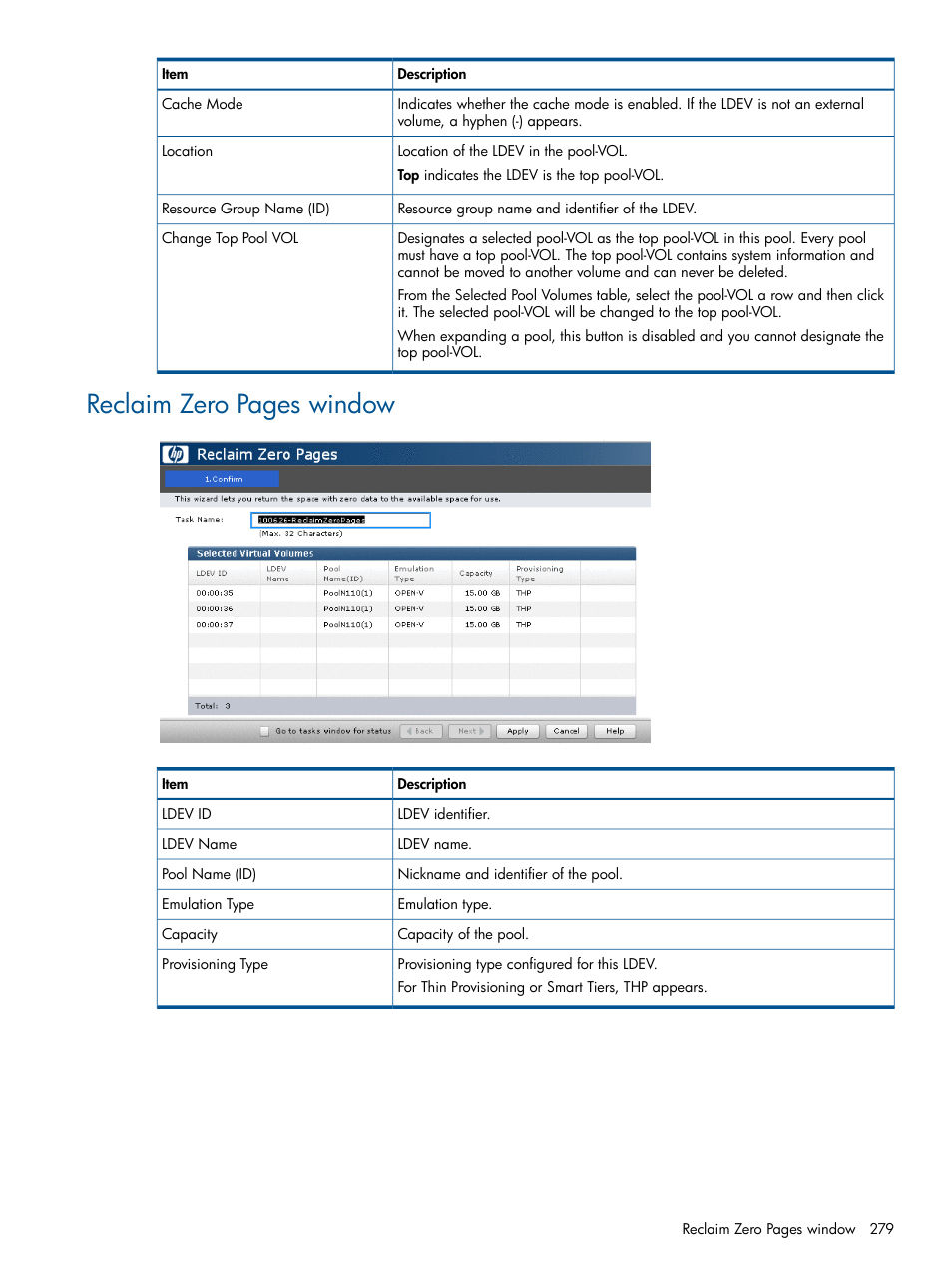 Reclaim zero pages window | HP XP P9500 Storage User Manual | Page 279 / 367