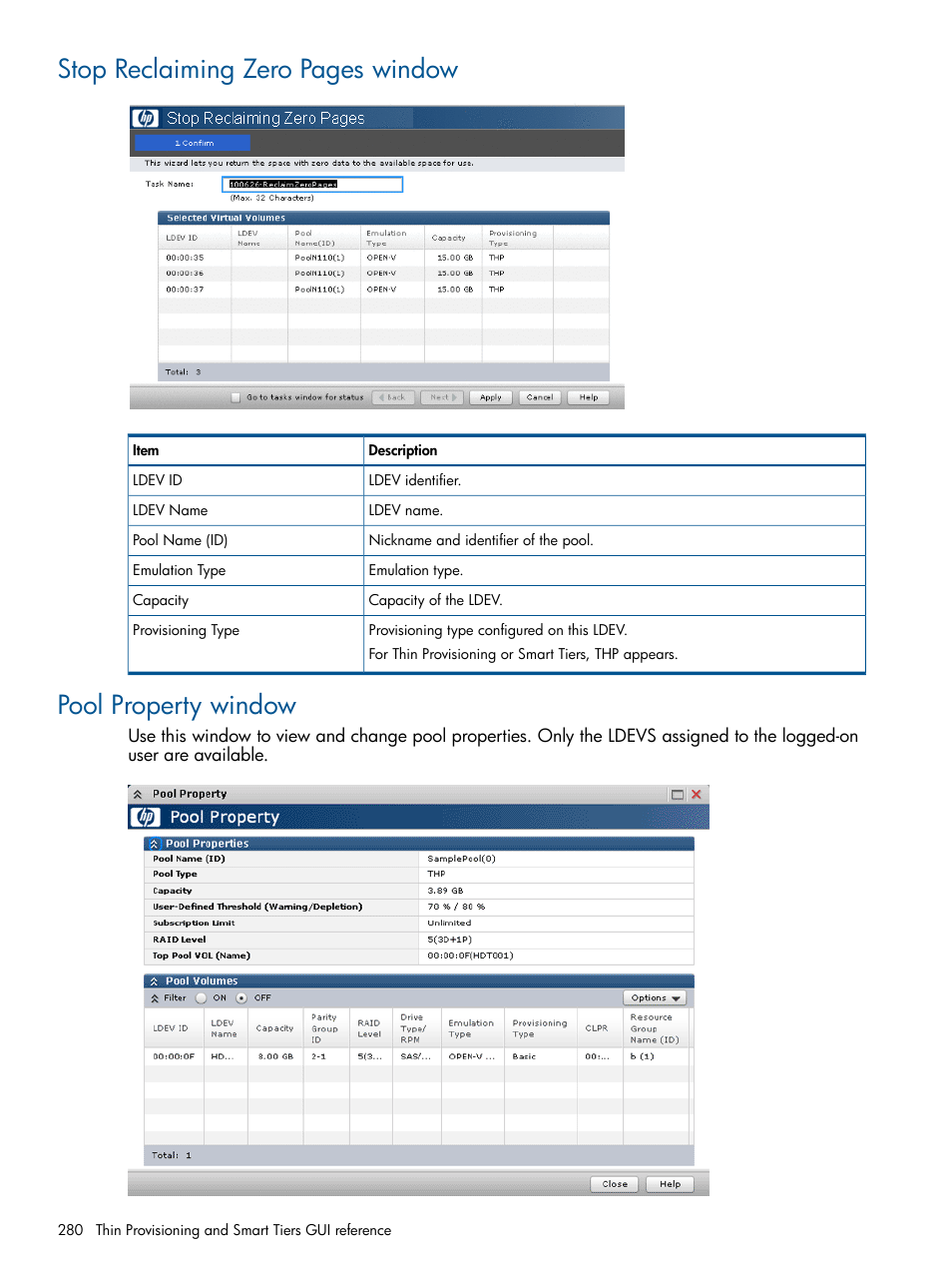 Pool property window, Stop reclaiming zero pages window | HP XP P9500 Storage User Manual | Page 280 / 367