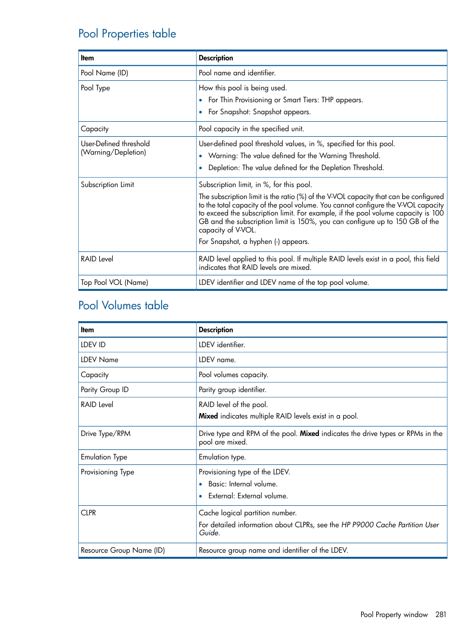 Pool properties table, Pool volumes table | HP XP P9500 Storage User Manual | Page 281 / 367