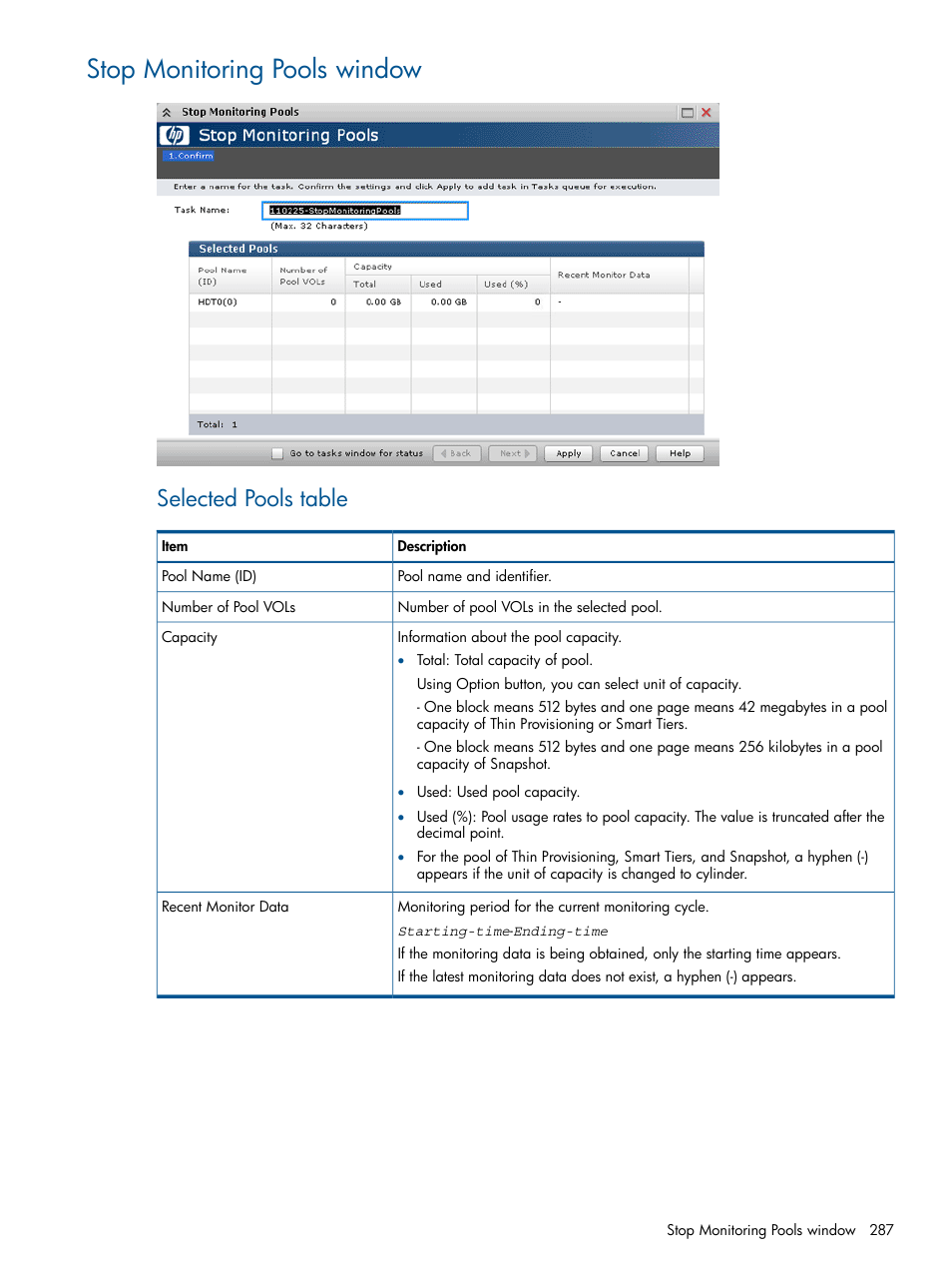 Stop monitoring pools window, Selected pools table | HP XP P9500 Storage User Manual | Page 287 / 367