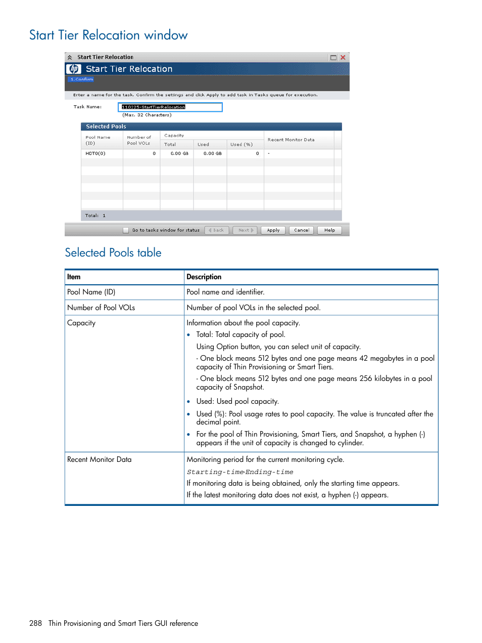 Start tier relocation window, Selected pools table | HP XP P9500 Storage User Manual | Page 288 / 367