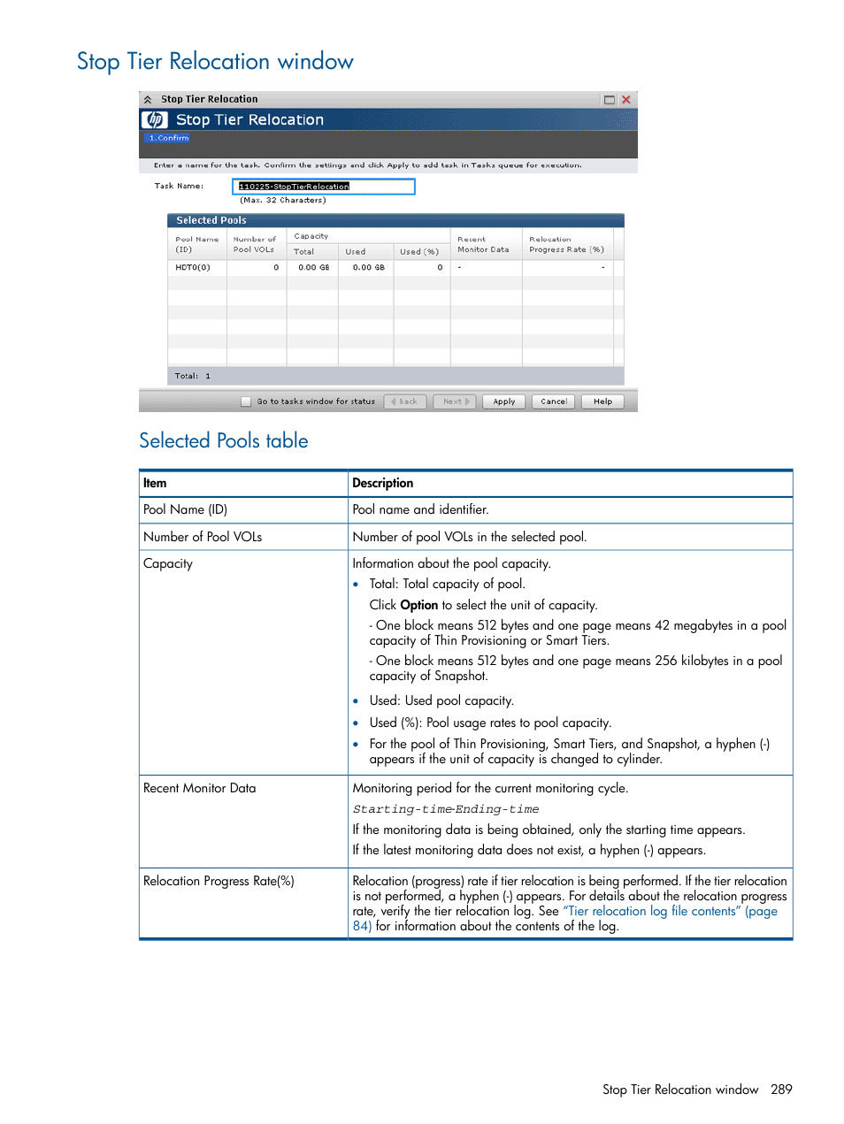 Stop tier relocation window, Selected pools table | HP XP P9500 Storage User Manual | Page 289 / 367