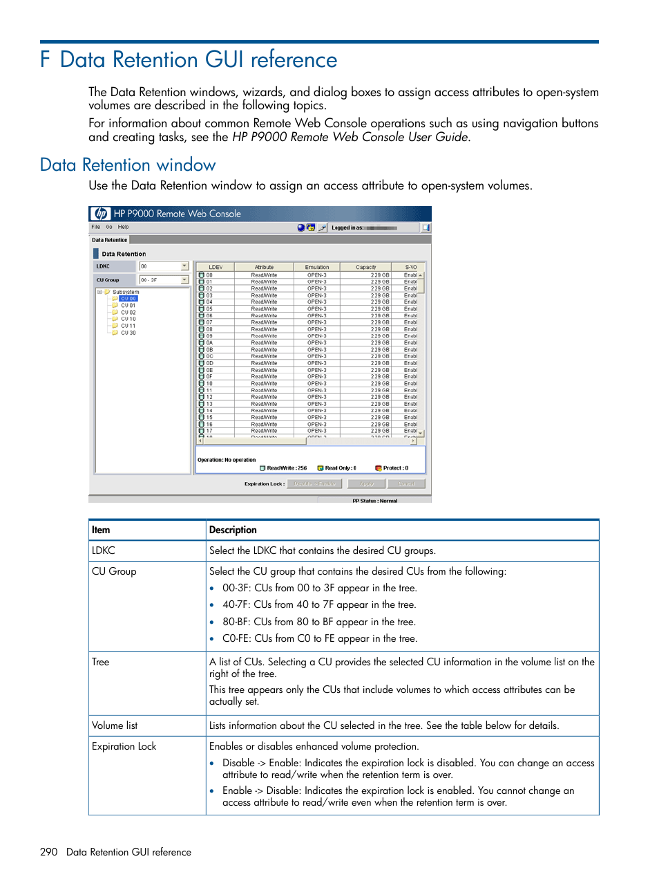 F data retention gui reference, Data retention window | HP XP P9500 Storage User Manual | Page 290 / 367