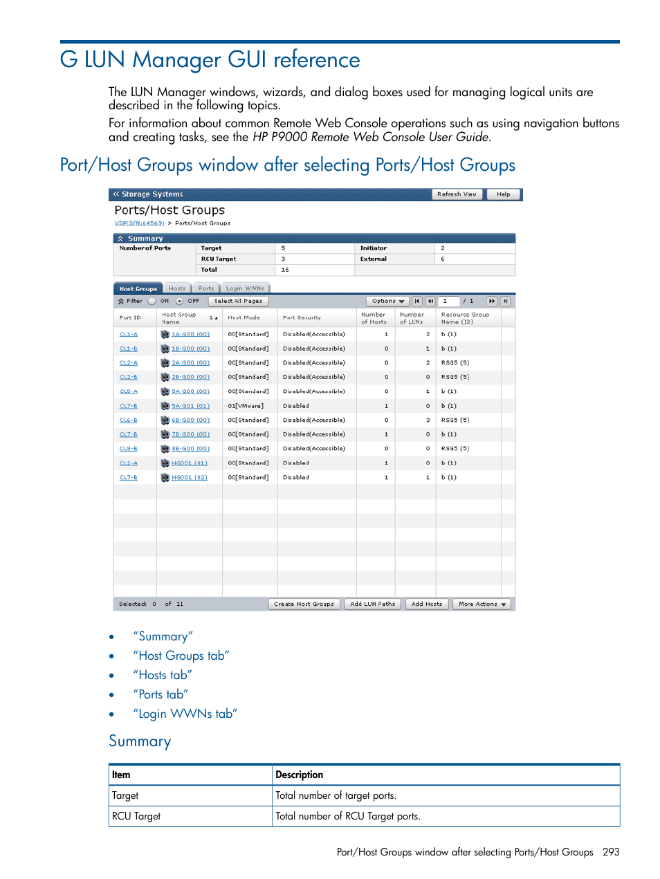 G lun manager gui reference, Summary | HP XP P9500 Storage User Manual | Page 293 / 367