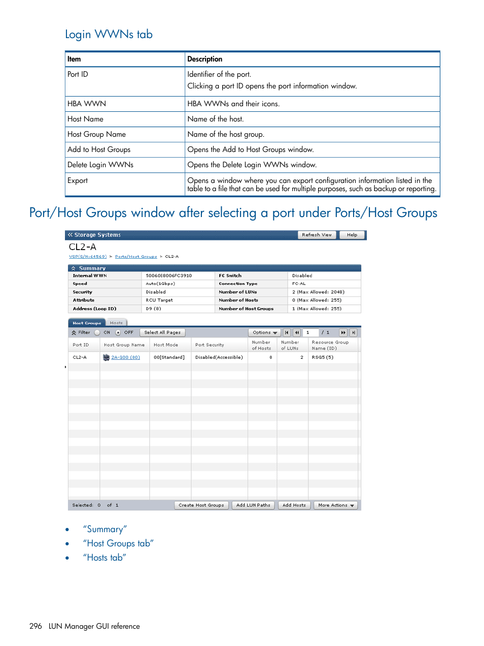 Login wwns tab | HP XP P9500 Storage User Manual | Page 296 / 367