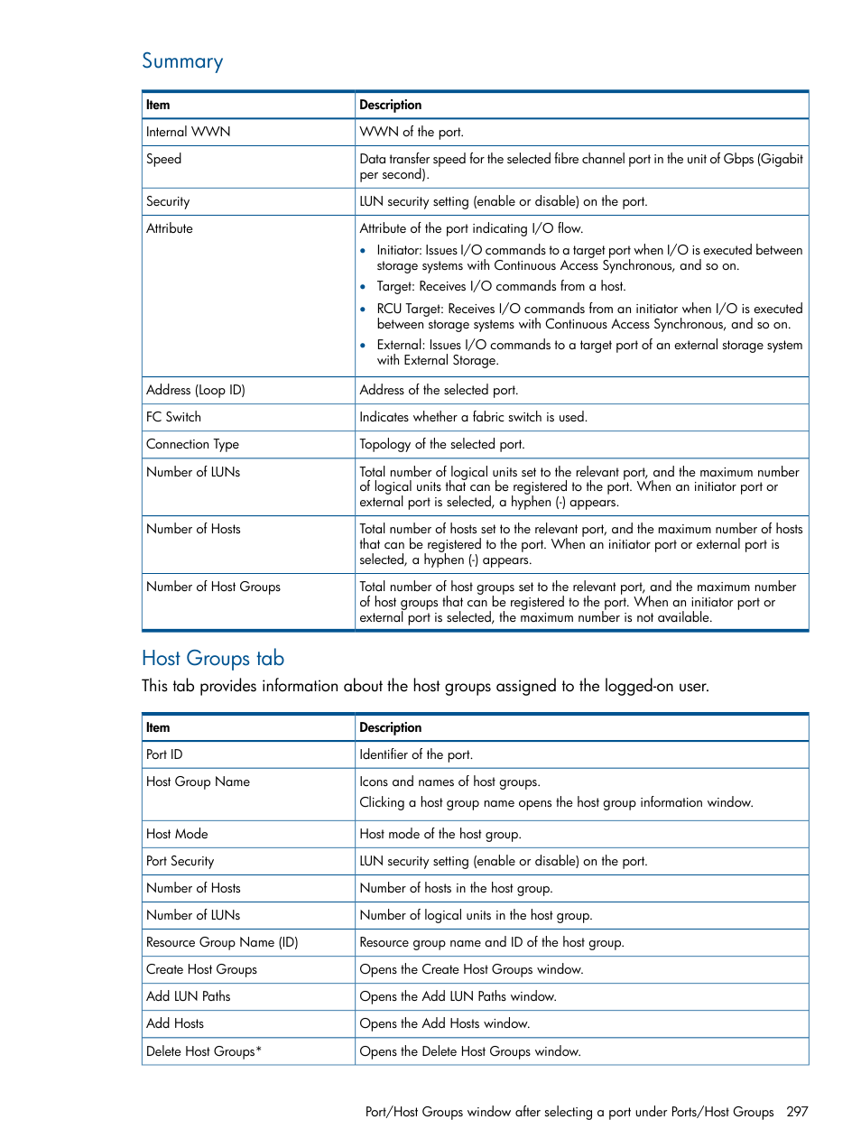 Summary, Host groups tab | HP XP P9500 Storage User Manual | Page 297 / 367