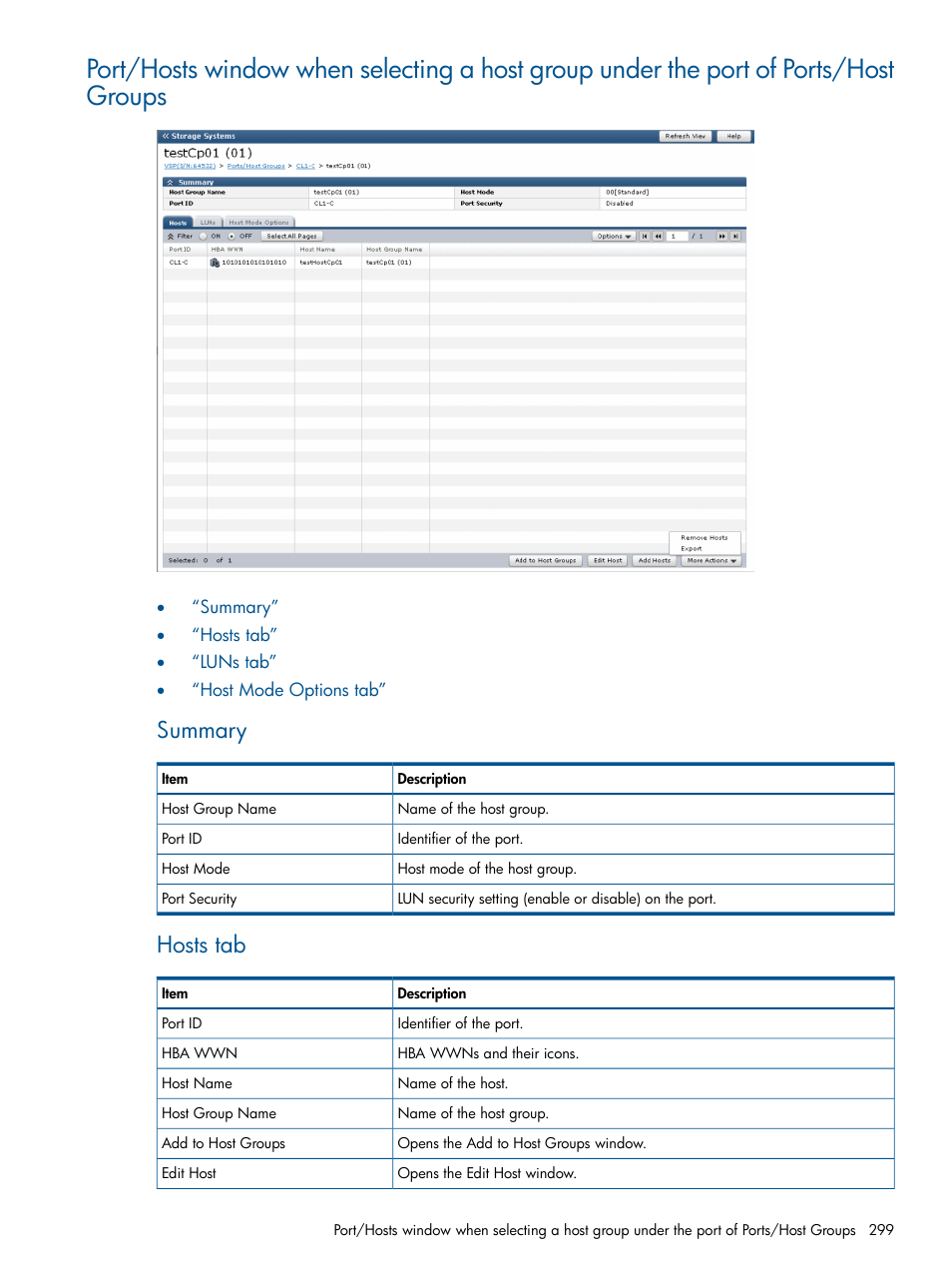 Summary, Hosts tab | HP XP P9500 Storage User Manual | Page 299 / 367