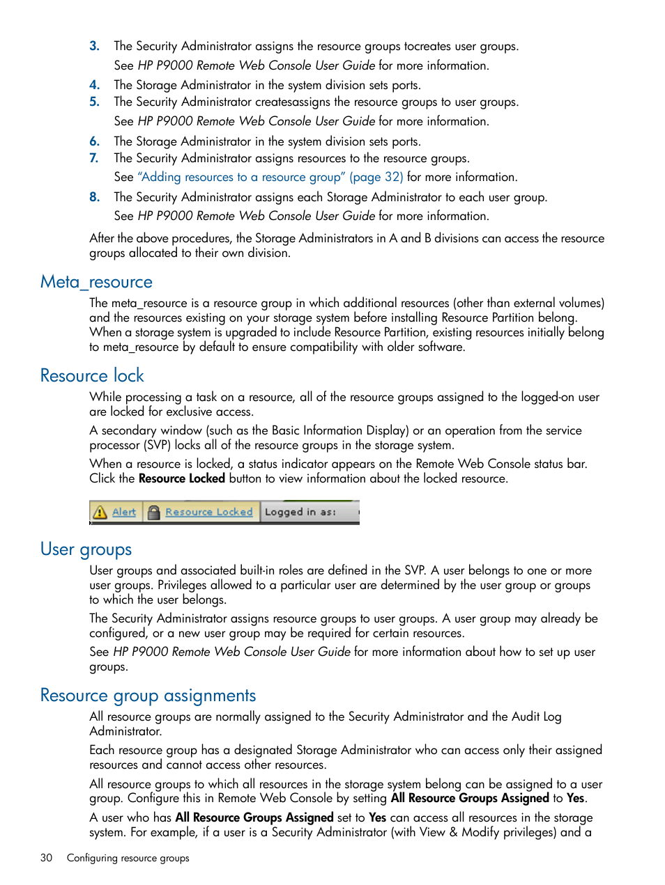 Meta_resource, Resource lock, User groups | Resource group assignments | HP XP P9500 Storage User Manual | Page 30 / 367