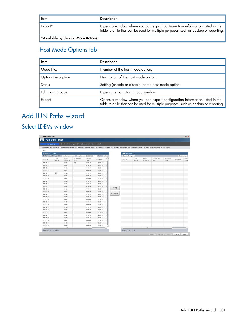 Add lun paths wizard, Select ldevs window, Host mode options tab | HP XP P9500 Storage User Manual | Page 301 / 367