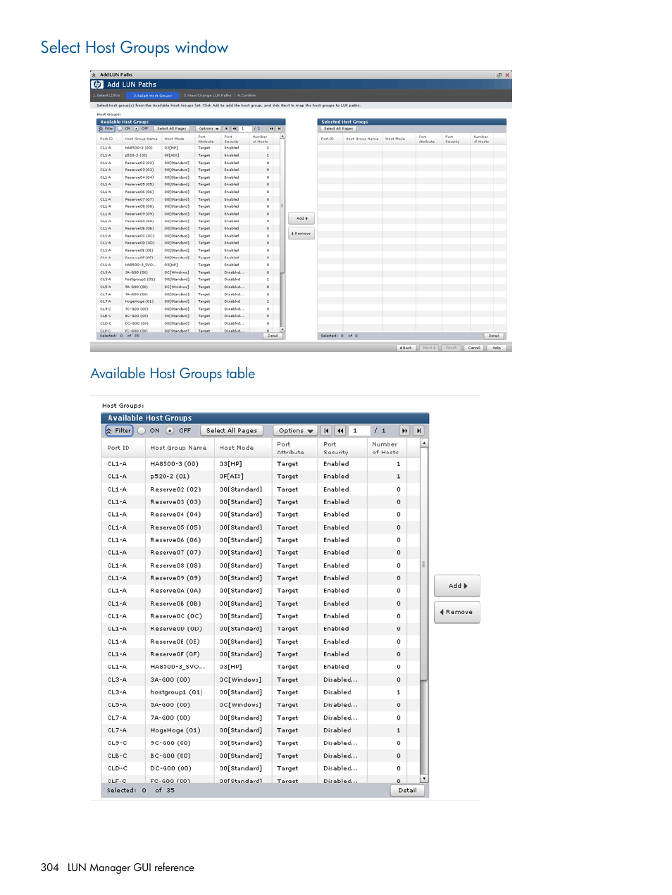 Select host groups window | HP XP P9500 Storage User Manual | Page 304 / 367