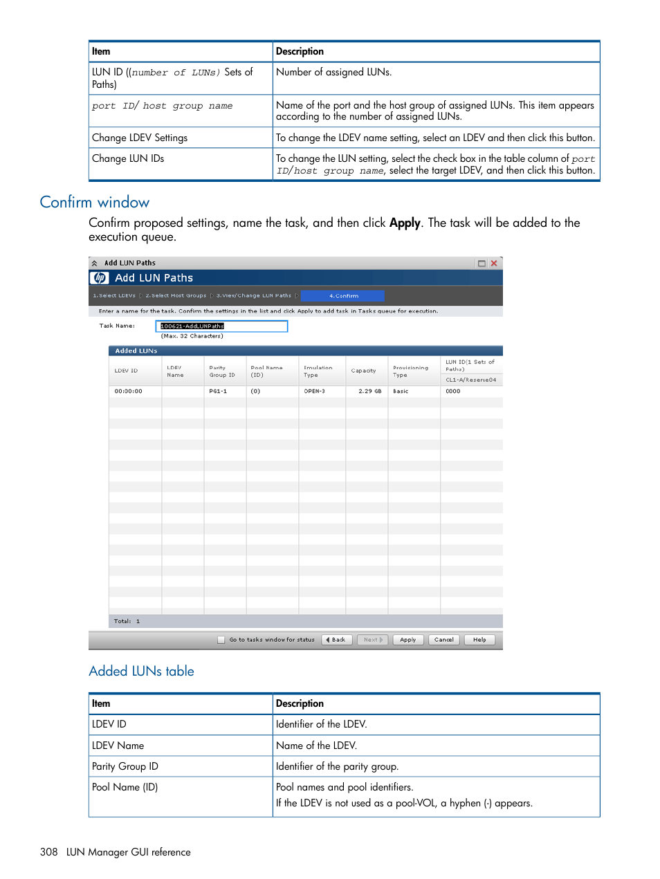 Confirm window, Added luns table | HP XP P9500 Storage User Manual | Page 308 / 367