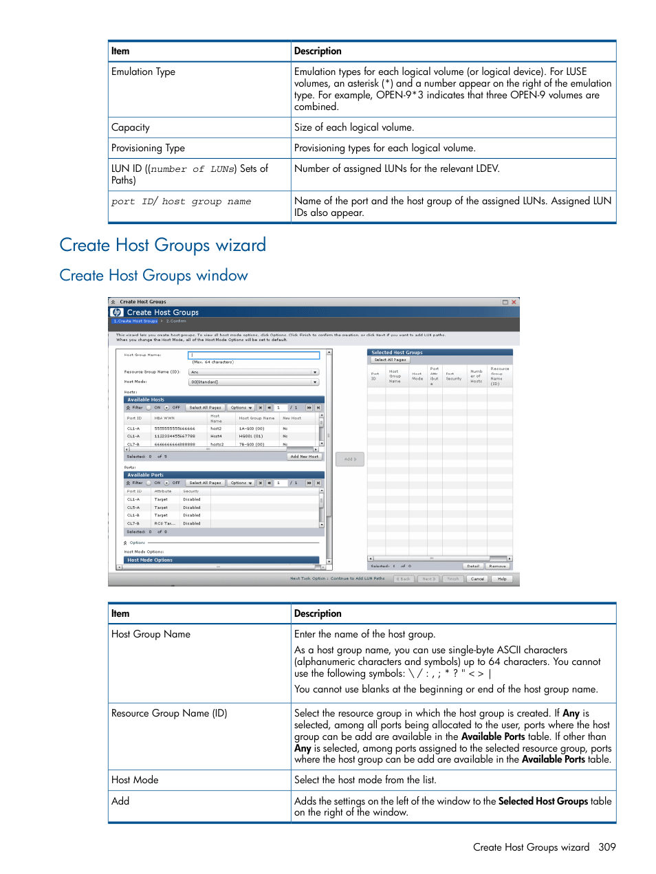 Create host groups wizard, Create host groups window | HP XP P9500 Storage User Manual | Page 309 / 367