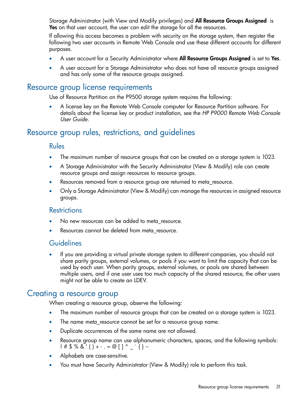 Resource group license requirements, Resource group rules, restrictions, and guidelines, Creating a resource group | Rules, Restrictions, Guidelines | HP XP P9500 Storage User Manual | Page 31 / 367