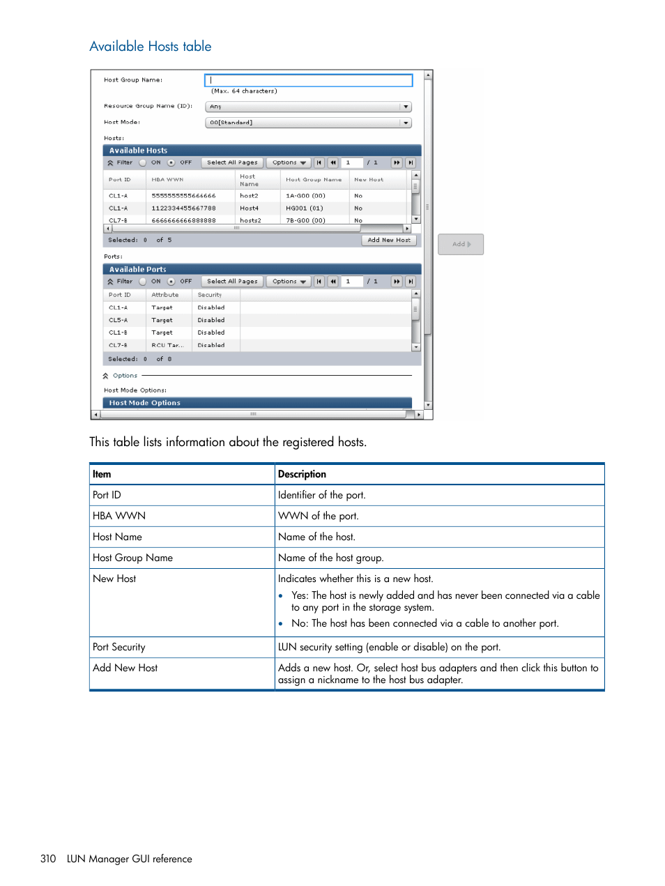 Available hosts table | HP XP P9500 Storage User Manual | Page 310 / 367