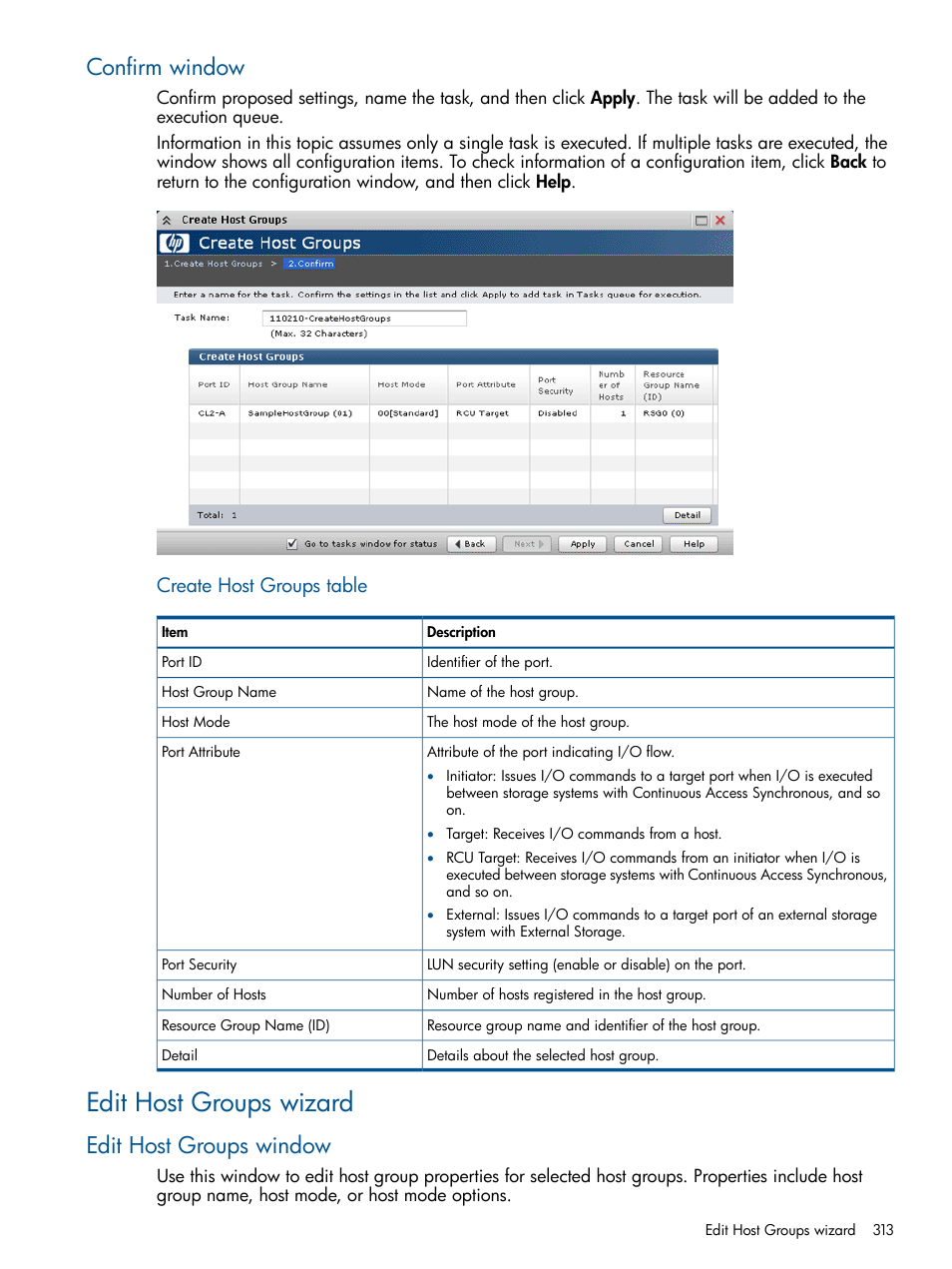 Confirm window, Edit host groups wizard, Edit host groups window | Create host groups table | HP XP P9500 Storage User Manual | Page 313 / 367