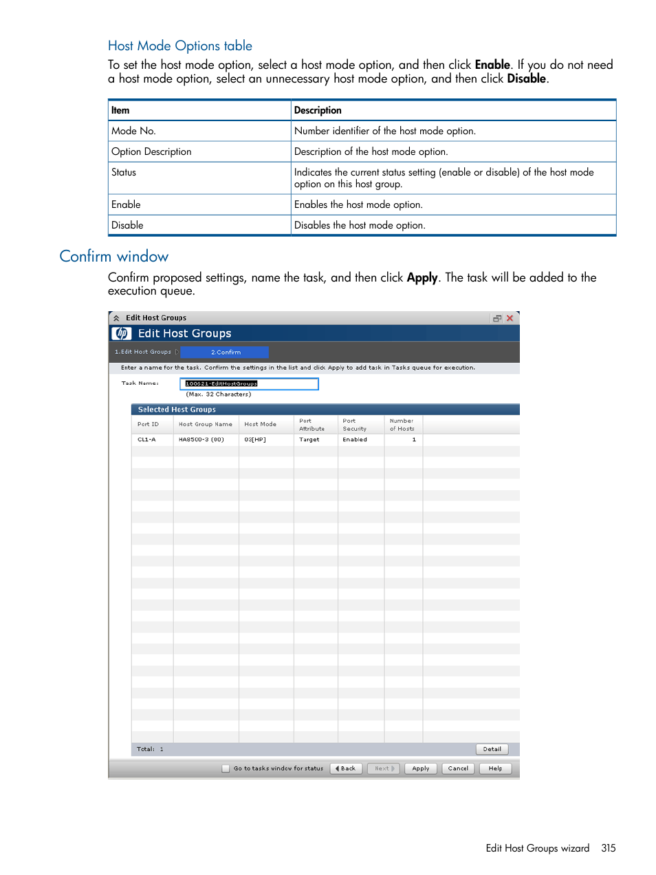 Confirm window, Host mode options table | HP XP P9500 Storage User Manual | Page 315 / 367