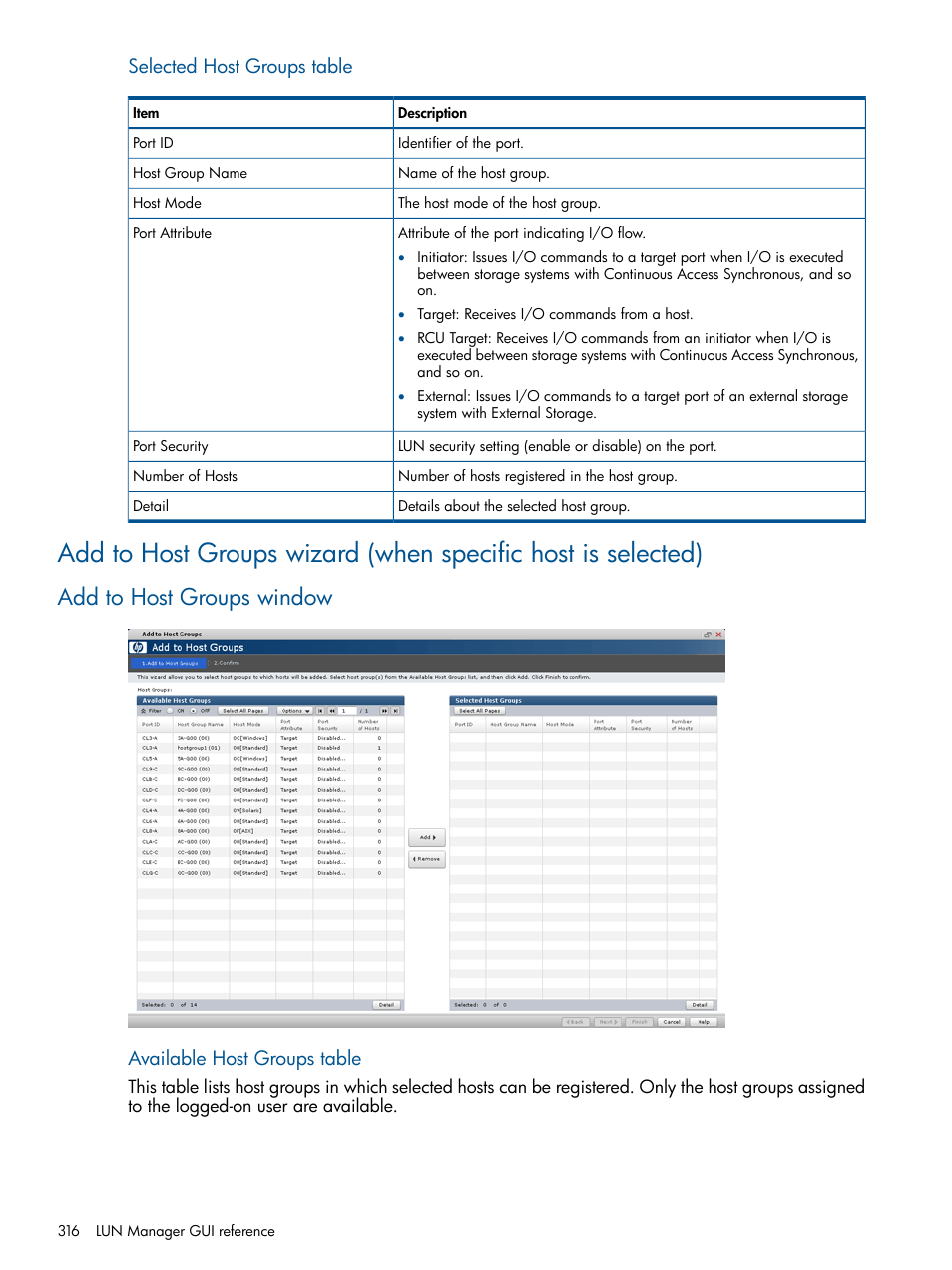 Add to host groups window, Selected host groups table, Available host groups table | HP XP P9500 Storage User Manual | Page 316 / 367