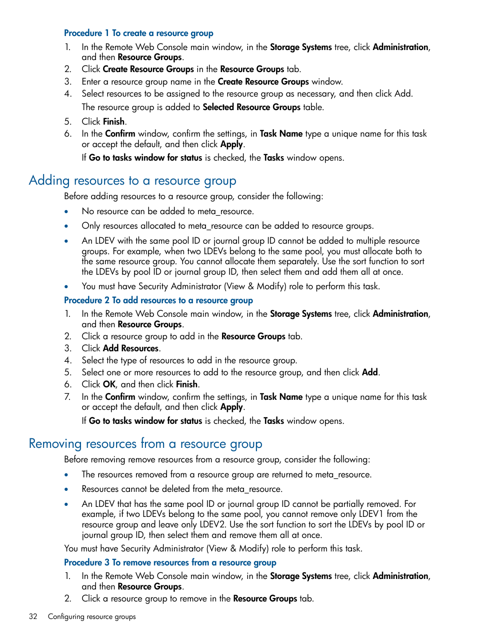 Adding resources to a resource group, Removing resources from a resource group | HP XP P9500 Storage User Manual | Page 32 / 367