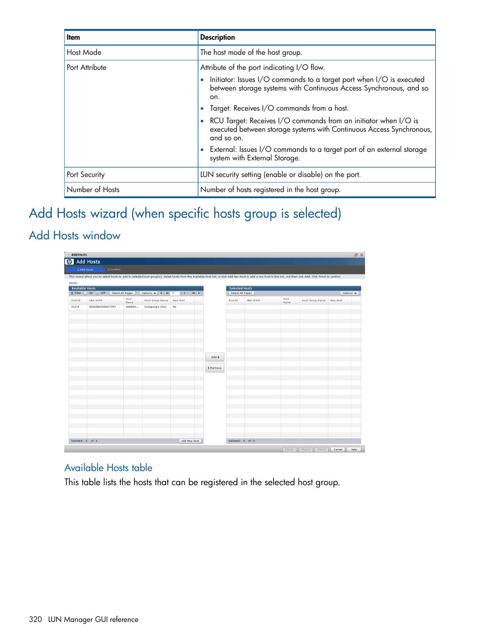 Add hosts window, Available hosts table | HP XP P9500 Storage User Manual | Page 320 / 367