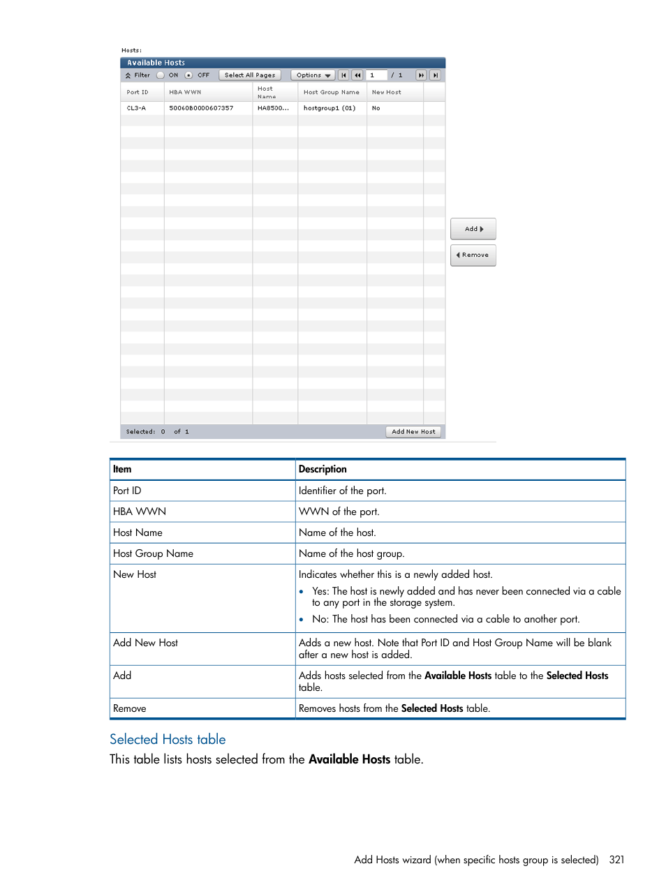 Selected hosts table | HP XP P9500 Storage User Manual | Page 321 / 367